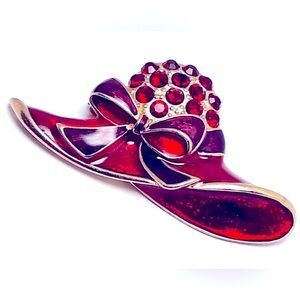 Vintage Trifari Red Hat Enamel Rhinestone Brooch Pin With Purple Ribbon